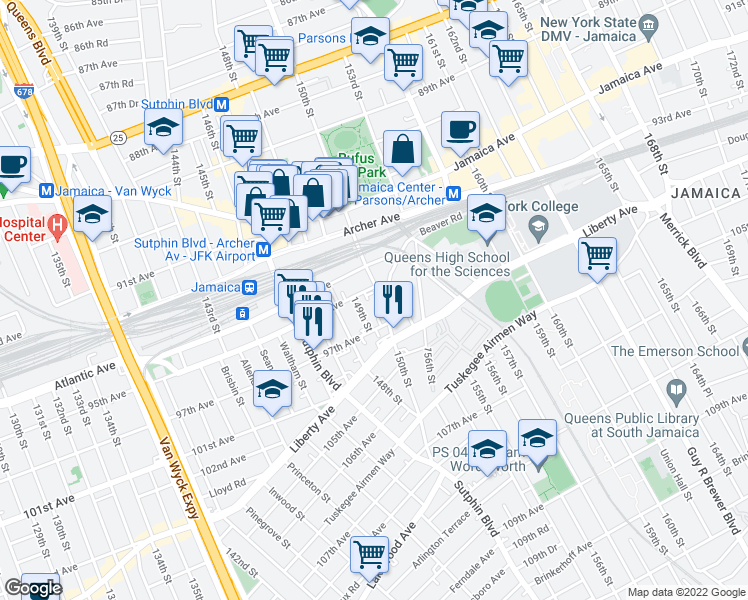 map of restaurants, bars, coffee shops, grocery stores, and more near 95-15 150th Street in Queens