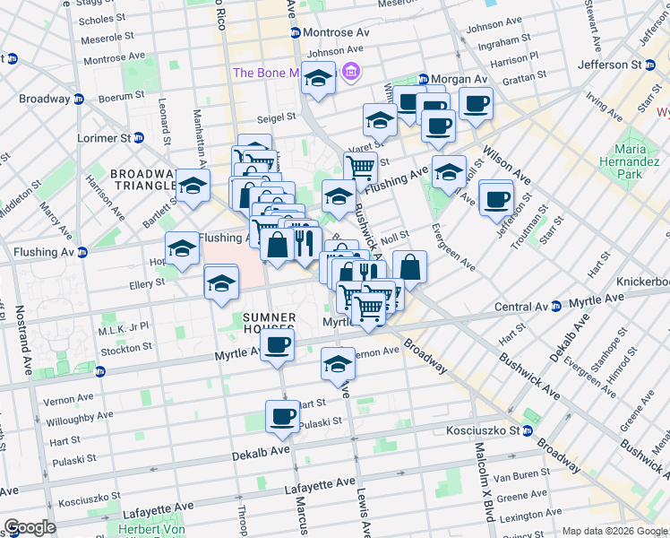map of restaurants, bars, coffee shops, grocery stores, and more near 24 Park Street in Brooklyn