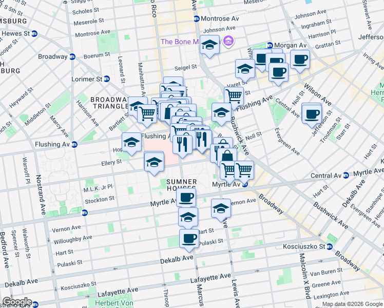 map of restaurants, bars, coffee shops, grocery stores, and more near 823 Broadway in Brooklyn