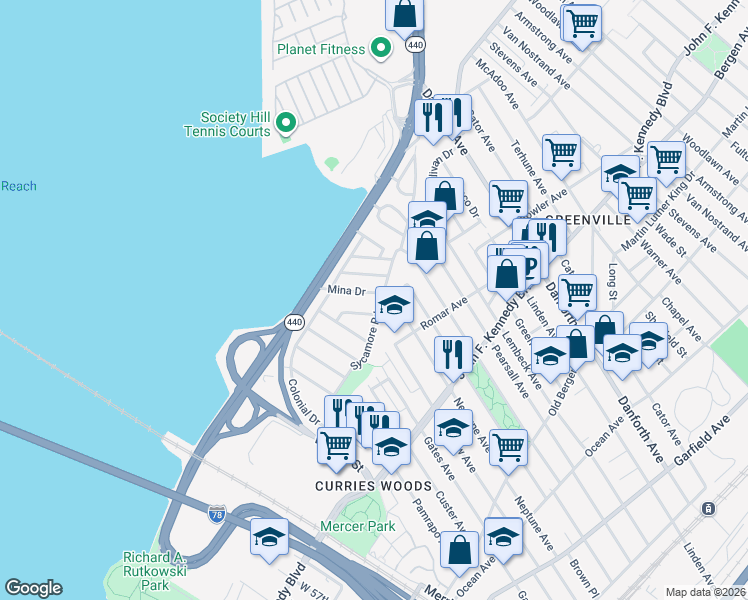 map of restaurants, bars, coffee shops, grocery stores, and more near 4 Mina Drive in Jersey City