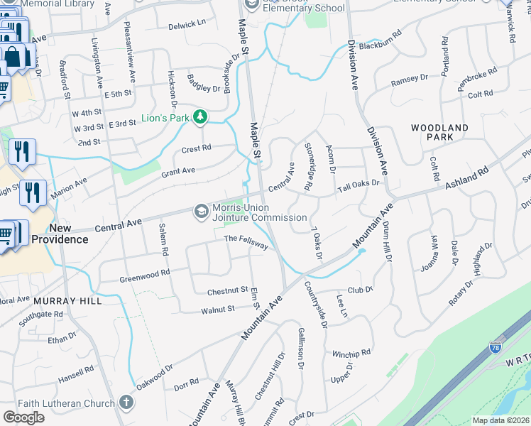 map of restaurants, bars, coffee shops, grocery stores, and more near 254 Central Avenue in New Providence