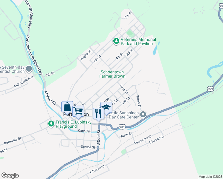 map of restaurants, bars, coffee shops, grocery stores, and more near 363 1st Street in Port Carbon