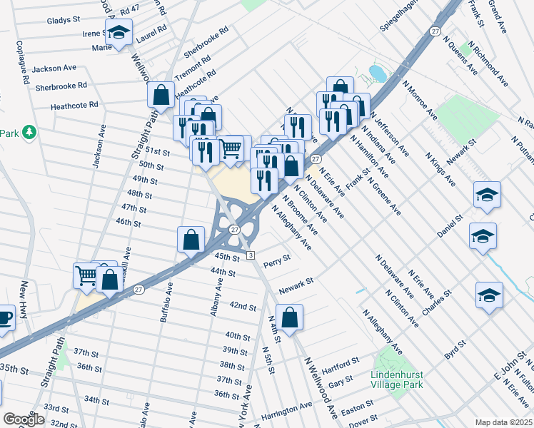 map of restaurants, bars, coffee shops, grocery stores, and more near 860 North Alleghany Avenue in Lindenhurst