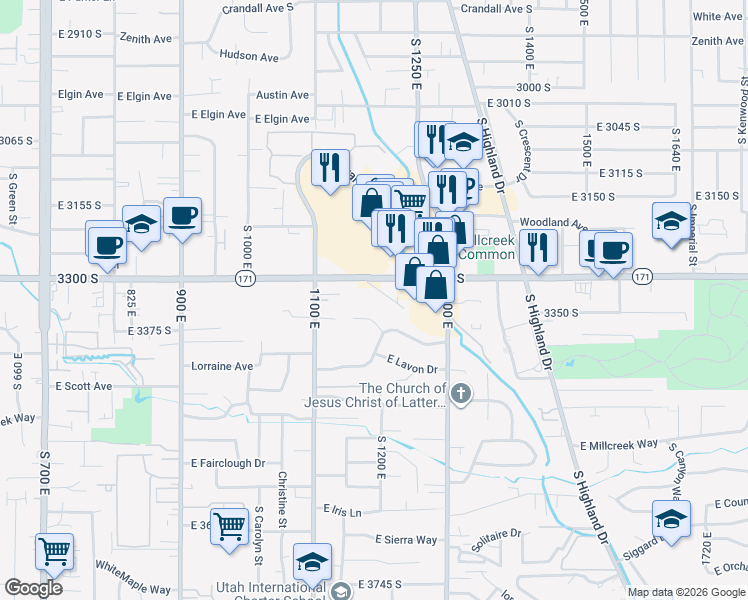 map of restaurants, bars, coffee shops, grocery stores, and more near 1208 East 3300 South in Salt Lake City