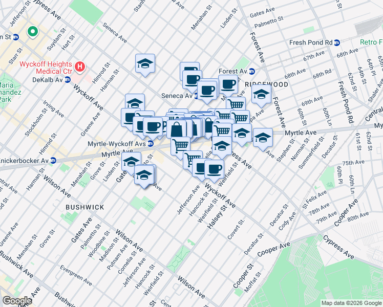 map of restaurants, bars, coffee shops, grocery stores, and more near 1633 Putnam Avenue in Queens