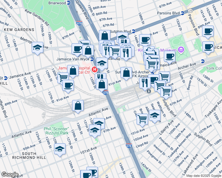 map of restaurants, bars, coffee shops, grocery stores, and more near 137-40 91st Avenue in Queens