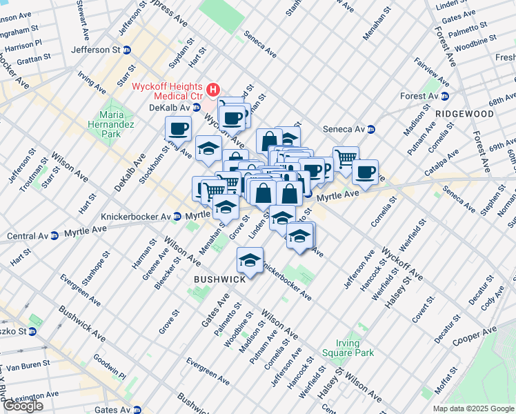 map of restaurants, bars, coffee shops, grocery stores, and more near Myrtle Avenue & Irving Avenue in Brooklyn