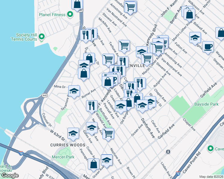 map of restaurants, bars, coffee shops, grocery stores, and more near 1704 John Fitzgerald Kennedy Boulevard in Jersey City