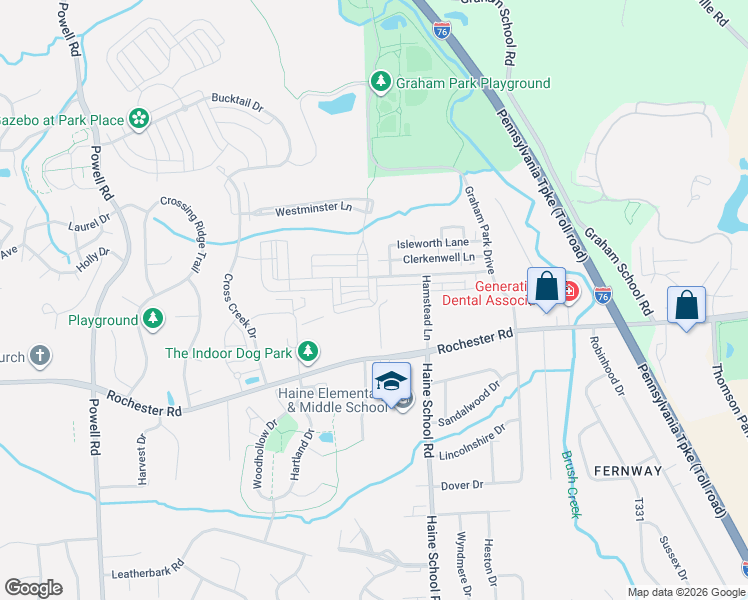 map of restaurants, bars, coffee shops, grocery stores, and more near 111 Lewisham Road in Cranberry Township