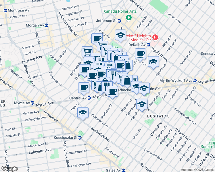 map of restaurants, bars, coffee shops, grocery stores, and more near 1369 Dekalb Avenue in Brooklyn