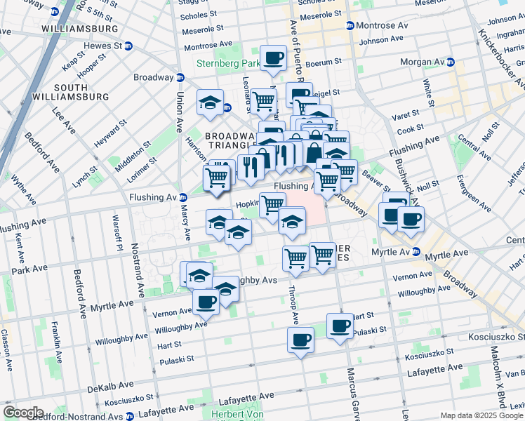 map of restaurants, bars, coffee shops, grocery stores, and more near 185 Ellery Street in Brooklyn