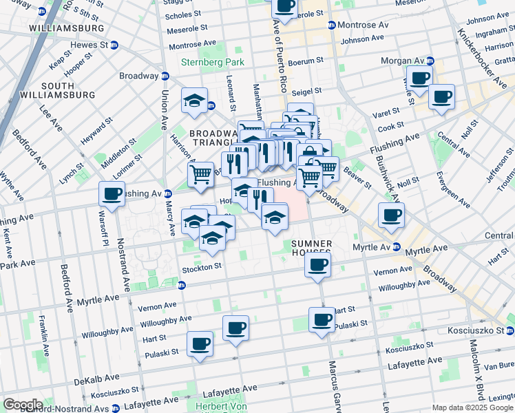 map of restaurants, bars, coffee shops, grocery stores, and more near 157 Throop Avenue in Brooklyn