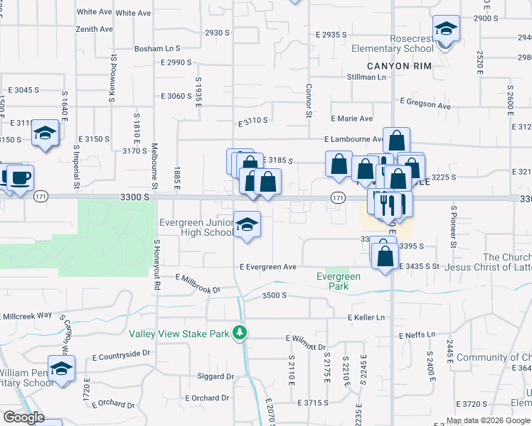 map of restaurants, bars, coffee shops, grocery stores, and more near 2056 Holly Drive in Salt Lake City