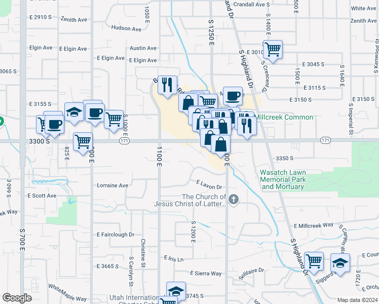 map of restaurants, bars, coffee shops, grocery stores, and more near 1208 East 3300 South in Salt Lake City