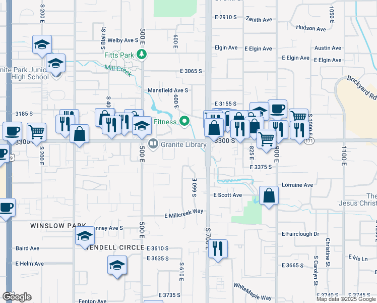 map of restaurants, bars, coffee shops, grocery stores, and more near 654 Utah 171 in South Salt Lake