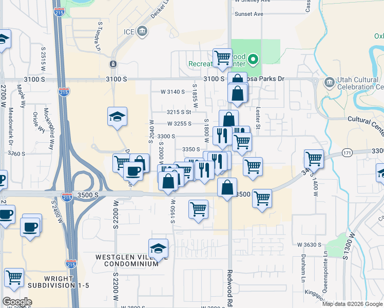 map of restaurants, bars, coffee shops, grocery stores, and more near 1864 West 3350 South in West Valley City