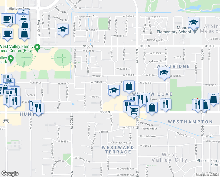 map of restaurants, bars, coffee shops, grocery stores, and more near 3345 Shalise Circle in Salt Lake City