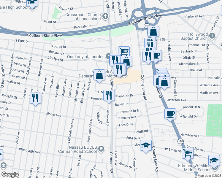 map of restaurants, bars, coffee shops, grocery stores, and more near 7 Bernard Street in Massapequa