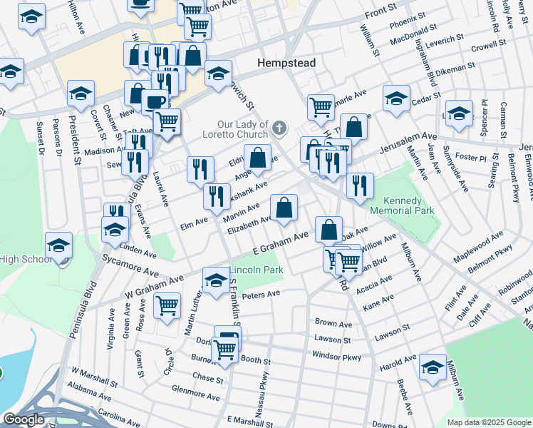 map of restaurants, bars, coffee shops, grocery stores, and more near 86 Marvin Avenue in Hempstead