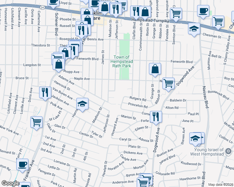 map of restaurants, bars, coffee shops, grocery stores, and more near 301 Jefferson Street in Franklin Square