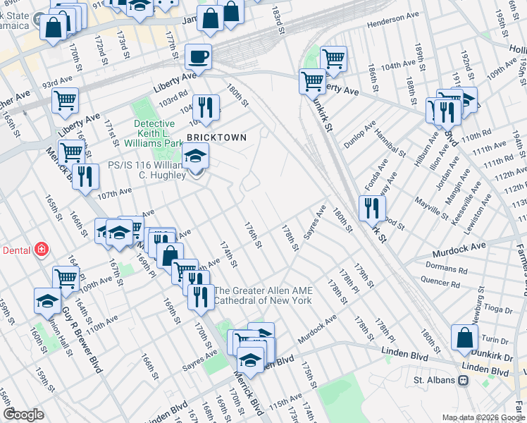 map of restaurants, bars, coffee shops, grocery stores, and more near 109-24 178th Street in Queens