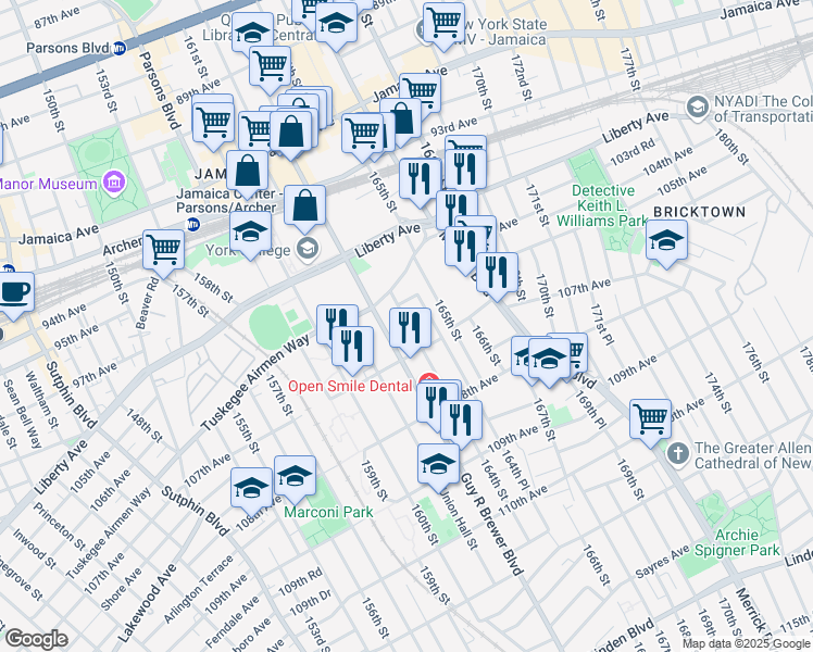 map of restaurants, bars, coffee shops, grocery stores, and more near 10430 Rev James R Moore Place in Queens