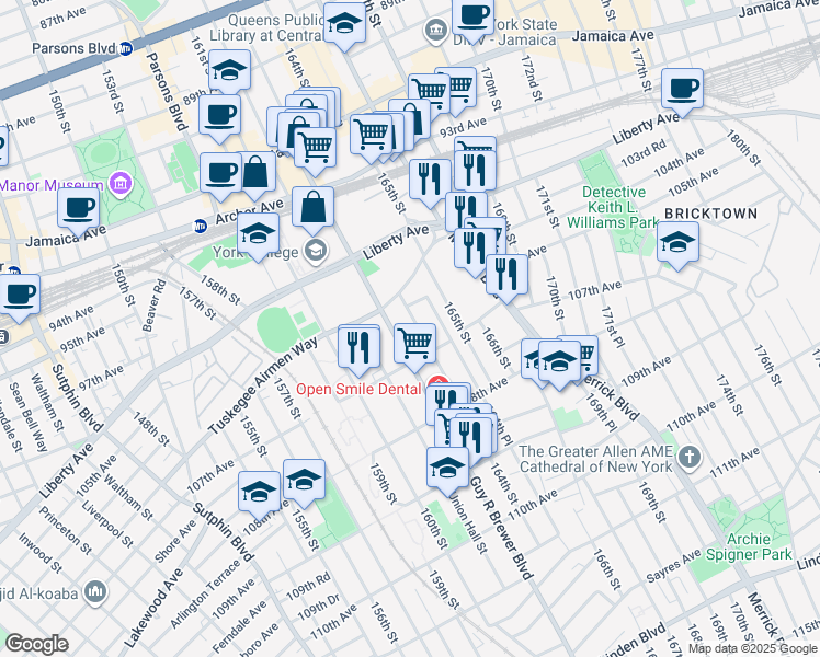 map of restaurants, bars, coffee shops, grocery stores, and more near 10430 Rev James R Moore Place in Queens