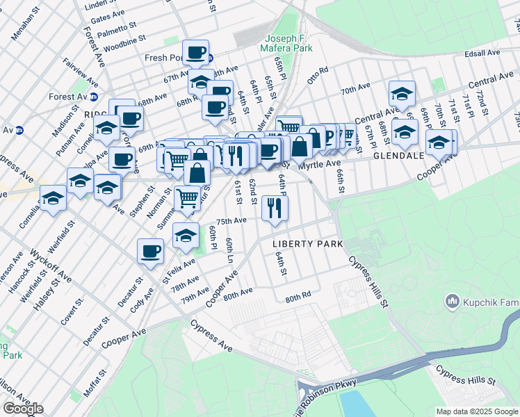 map of restaurants, bars, coffee shops, grocery stores, and more near 74-21 62nd Street in Queens