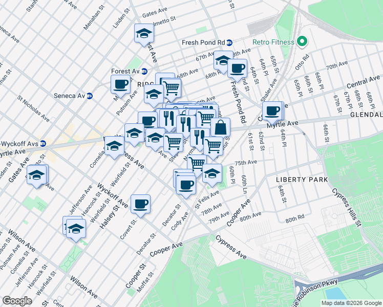 map of restaurants, bars, coffee shops, grocery stores, and more near 72-20 Forest Avenue in Queens