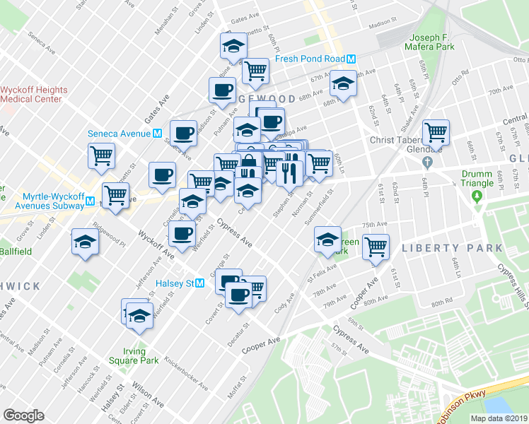 map of restaurants, bars, coffee shops, grocery stores, and more near 18-23 Stephen Street in Queens
