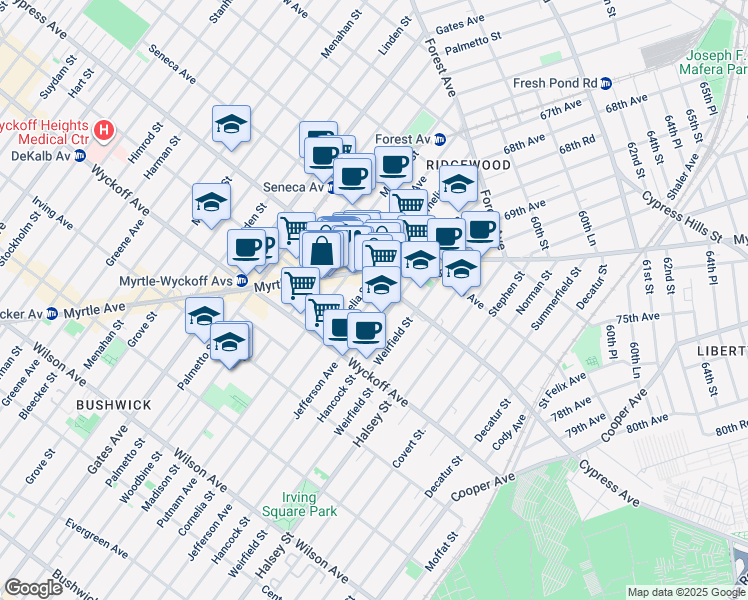 map of restaurants, bars, coffee shops, grocery stores, and more near in Queens