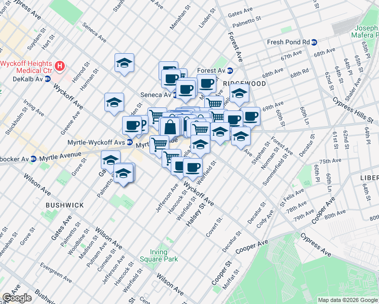 map of restaurants, bars, coffee shops, grocery stores, and more near in Queens