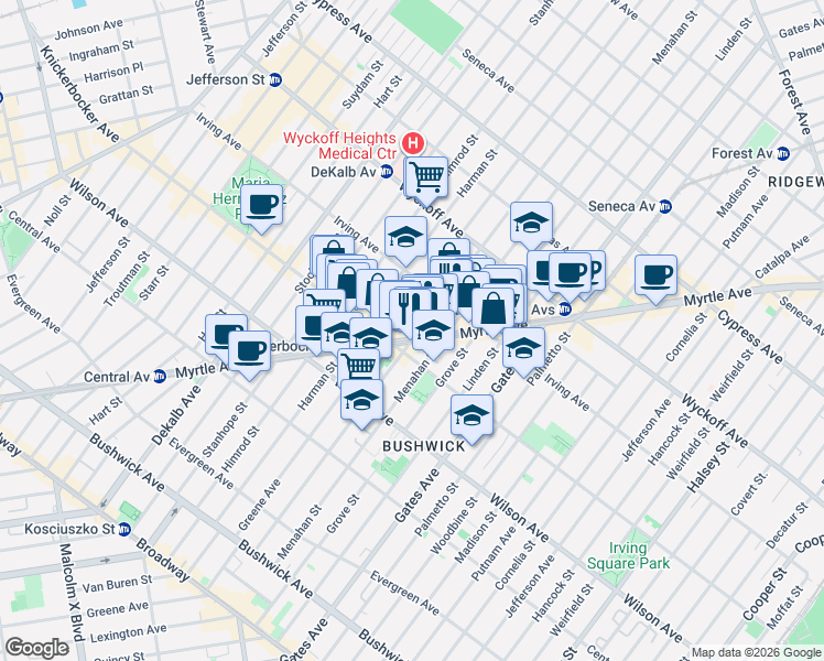 map of restaurants, bars, coffee shops, grocery stores, and more near 275 Bleecker Street in Brooklyn
