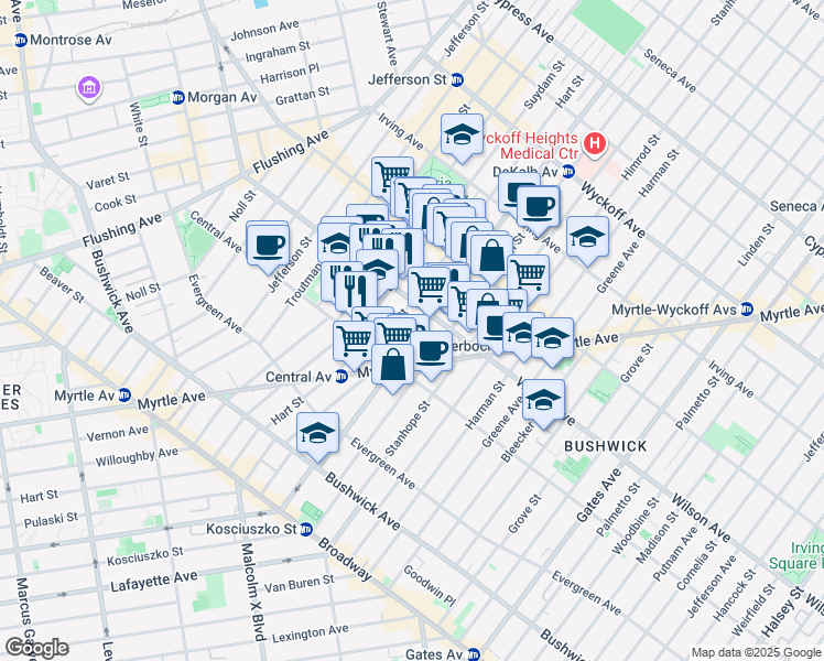 map of restaurants, bars, coffee shops, grocery stores, and more near 176 Wilson Avenue in Brooklyn
