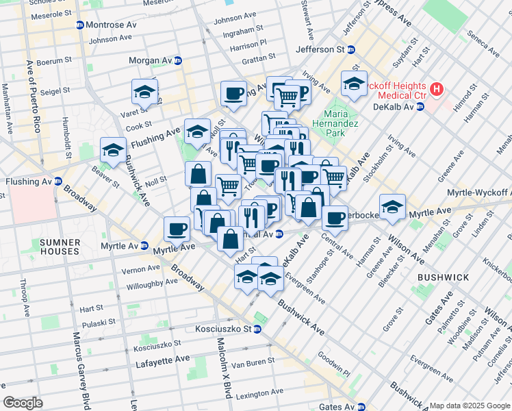 map of restaurants, bars, coffee shops, grocery stores, and more near 128 Troutman Street in Brooklyn
