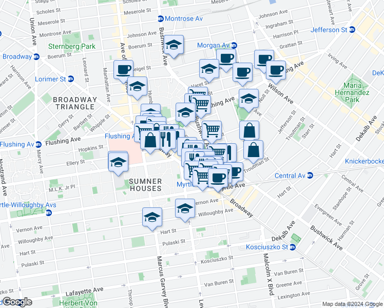 map of restaurants, bars, coffee shops, grocery stores, and more near 75 Beaver Street in Brooklyn