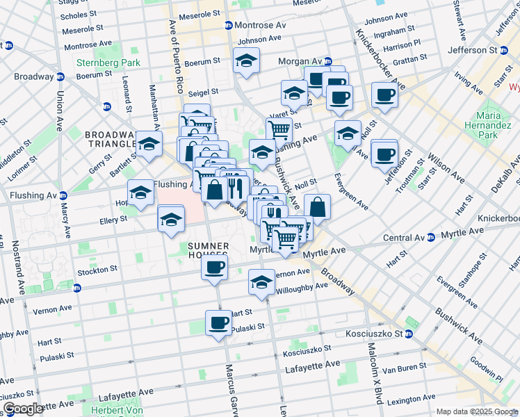 map of restaurants, bars, coffee shops, grocery stores, and more near 24 Park Street in Brooklyn