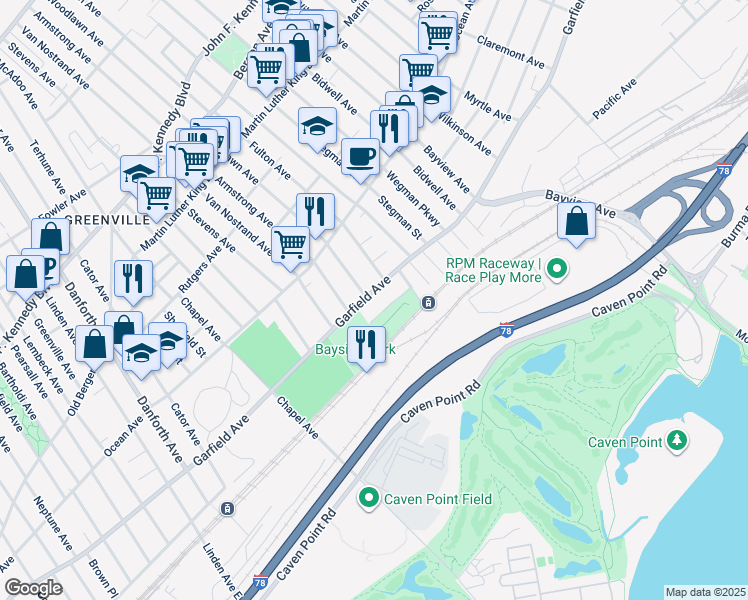map of restaurants, bars, coffee shops, grocery stores, and more near 538 Garfield Avenue in Jersey City