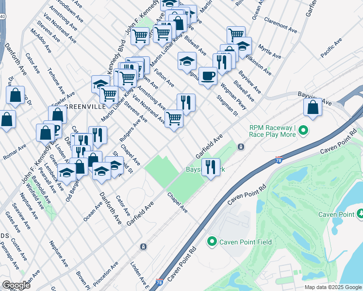 map of restaurants, bars, coffee shops, grocery stores, and more near 42-46 Van Nostrand Avenue in Jersey City