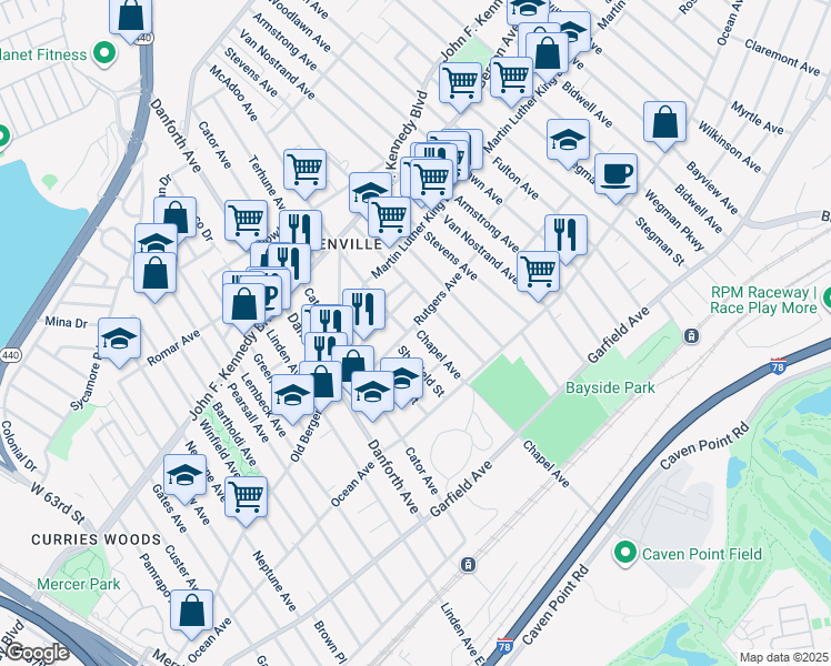 map of restaurants, bars, coffee shops, grocery stores, and more near 61A Rutgers Avenue in Jersey City