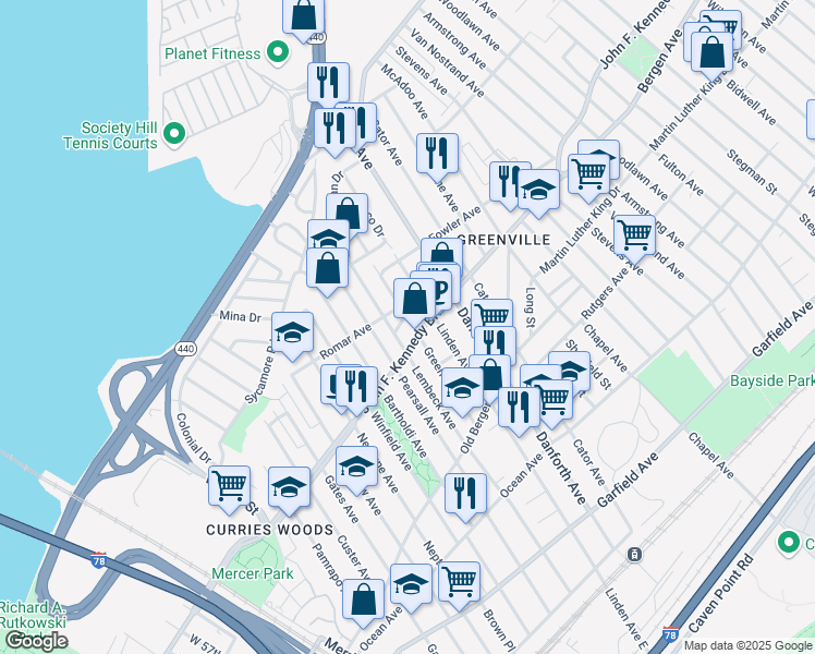 map of restaurants, bars, coffee shops, grocery stores, and more near 1707 John F. Kennedy Boulevard in North Bergen