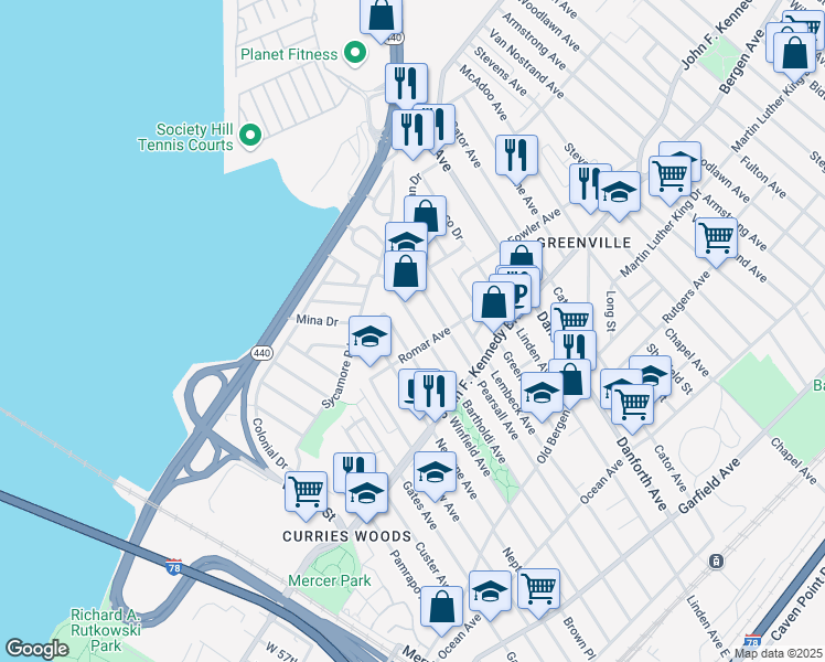 map of restaurants, bars, coffee shops, grocery stores, and more near 210 Bartholdi Avenue in Jersey City