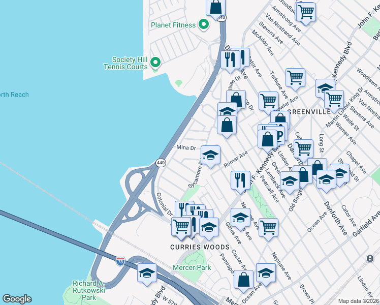 map of restaurants, bars, coffee shops, grocery stores, and more near 26 Mina Drive in Jersey City