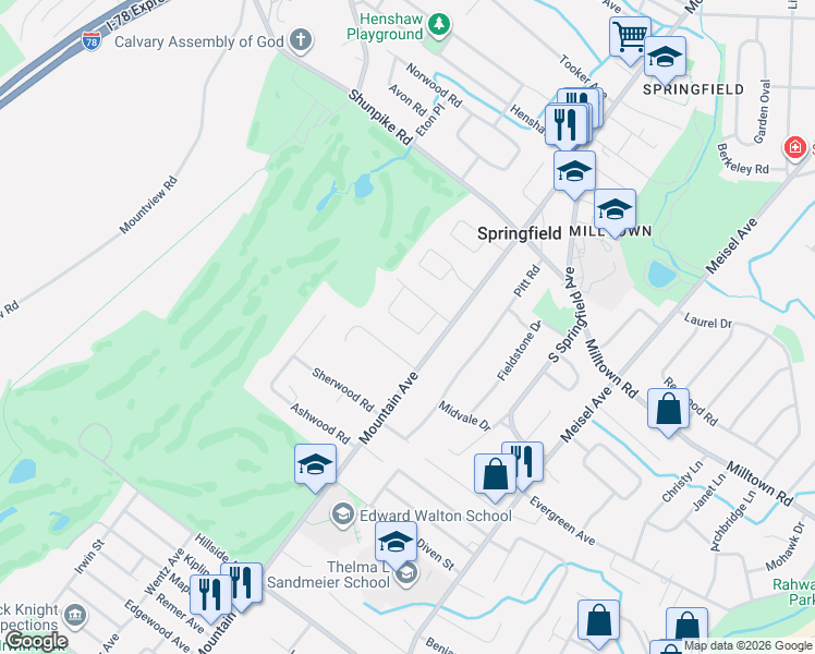 map of restaurants, bars, coffee shops, grocery stores, and more near 32 Shelley Road in Springfield