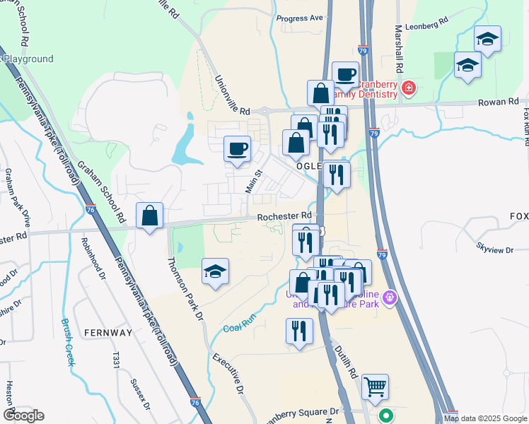 map of restaurants, bars, coffee shops, grocery stores, and more near 2530 Rochester Road in Cranberry Township