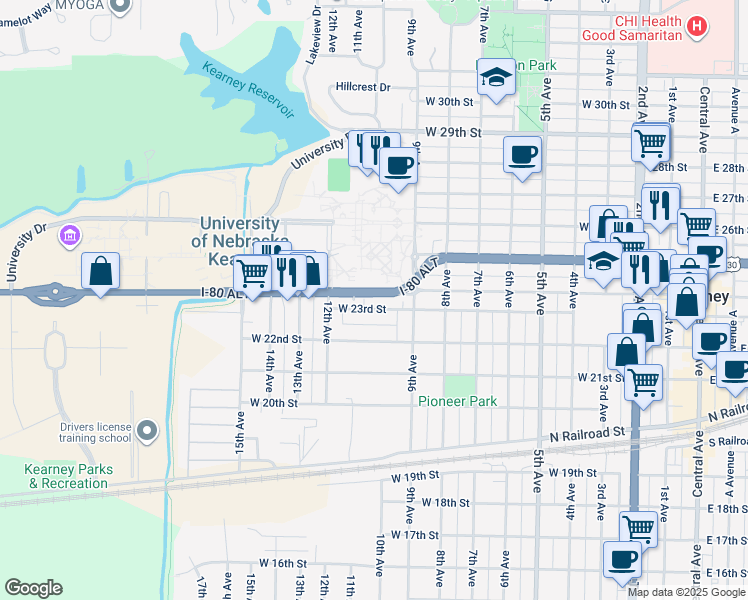 map of restaurants, bars, coffee shops, grocery stores, and more near 936 West 24th Street in Kearney