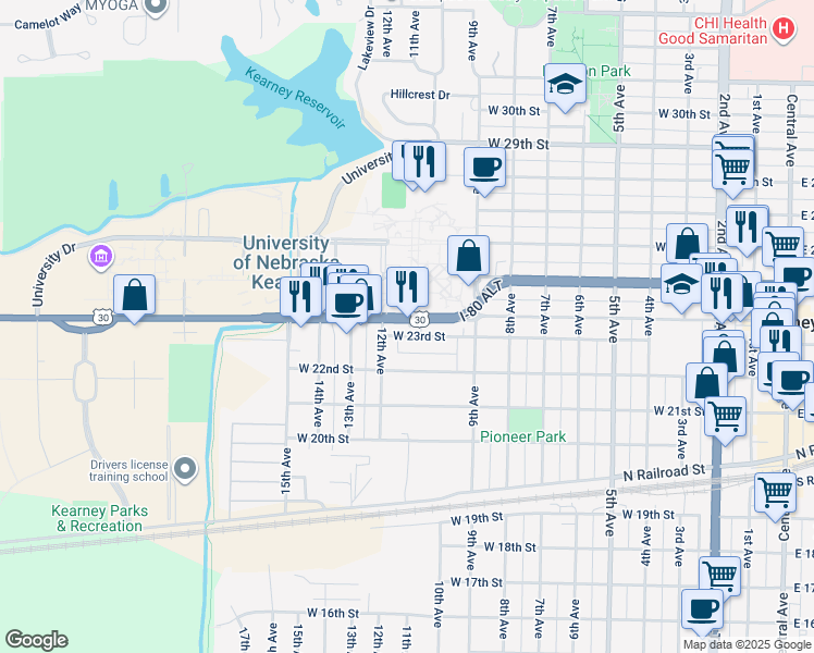 map of restaurants, bars, coffee shops, grocery stores, and more near 997-1057 Lincoln Hwy in Kearney