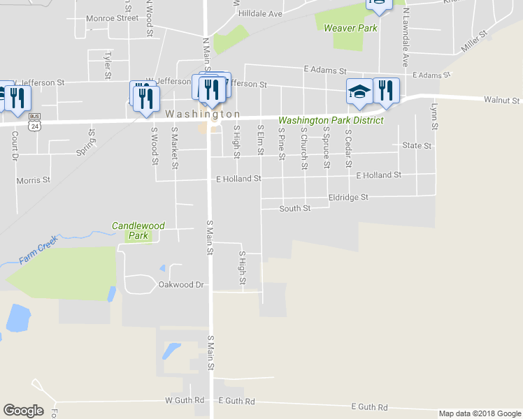 map of restaurants, bars, coffee shops, grocery stores, and more near 499 South Elm Street in Washington