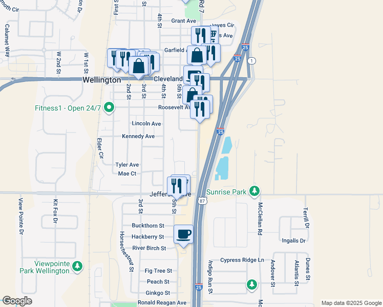 map of restaurants, bars, coffee shops, grocery stores, and more near 7839 6th Street in Wellington