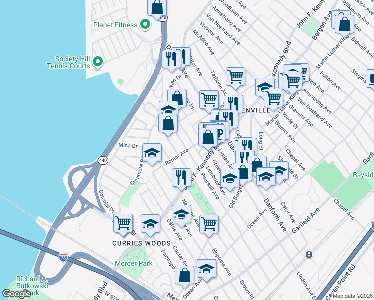 map of restaurants, bars, coffee shops, grocery stores, and more near Pearsall Avenue & Romar Avenue in Jersey City